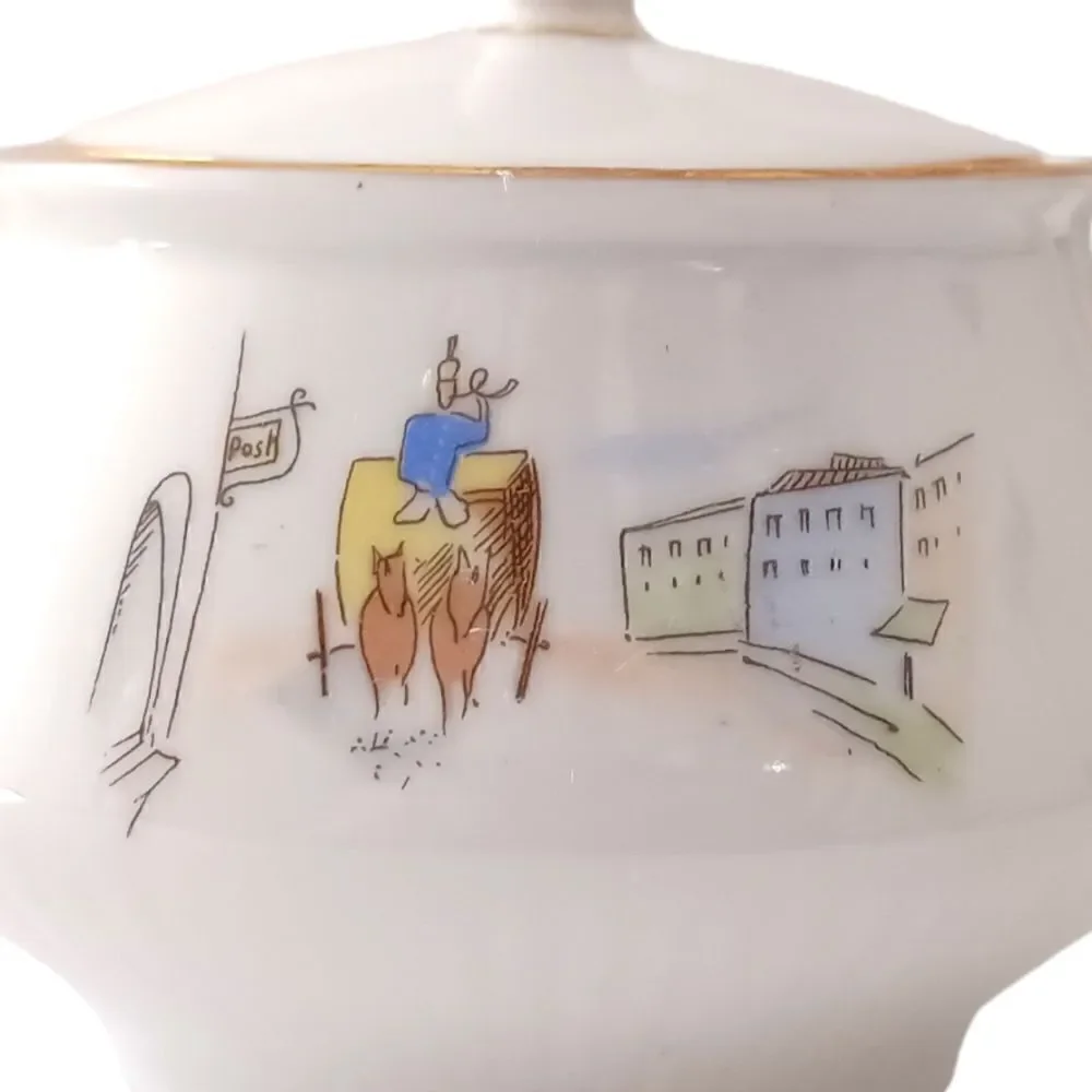Bareuther Germany Porcelain Sugar Bowl Horse Carriage Street Scene‎ 8010 Vintage